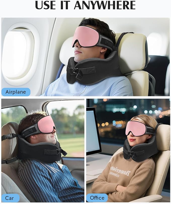 YFONG Travel Pillow with Head Support & Sleep Mask for Long Flights, Pink | Patented 360° Support System, Prevents Bobbing, Airplane Head Strap, 3D Eye Mask, Memory Foam Neck Pillow, Travel Essential - Image 9