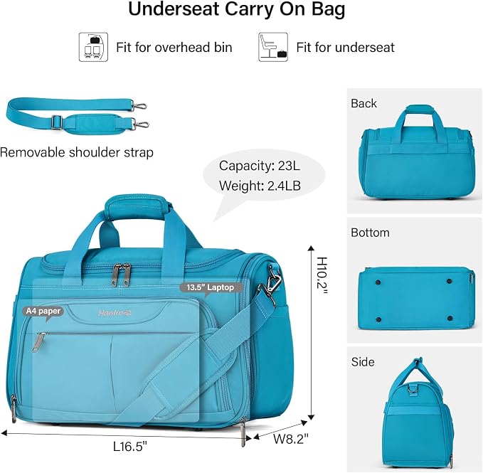 Hanke Small Underseat Carry On Luggage Bags for Travel with 10 Pockets. | Airline Approved Foldable Personal Bag w/ Luggage Sleeve; Tote Duffle & Bento Bag, Flight Attendant Weekender for Men & Women - Image 2