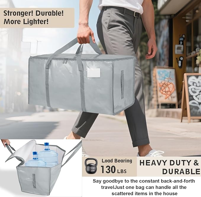 16 Pack-Extra Large Heavy Duty Moving Bags - Waterproof Storage Totes with Handles & Zippers, Foldable for College Dorm, Storage (light gray) - Image 3