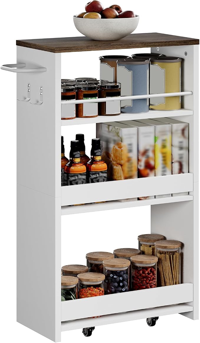 ChooChoo 4-Tier Slim Storage Cart, 7.87 inches Wide Narrow Storage Cabinet with 360° Wheels and 2 Hooks, Space-Saving Organizer for Kitchen, Narrow Places, Dining Room, Walnut+White - Image 7