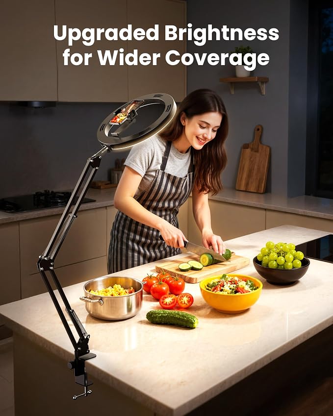 Pro Bright Overhead Ring Light with Clamp for Desk, Plug-in Powered for Stronger Lighting, Flexible Arm Phone Mount for Video, Cooking, Crafts & Livestream (18W) - Image 6