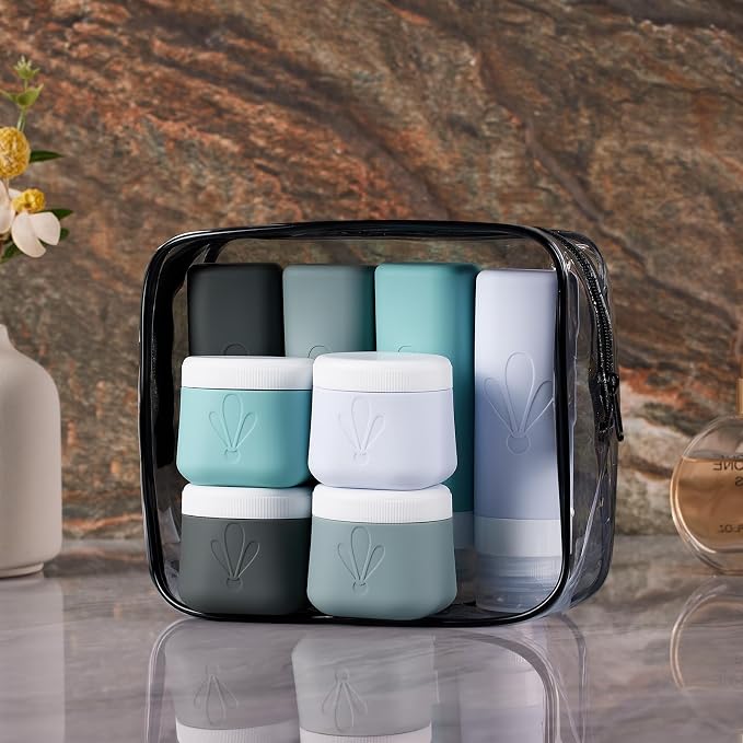 INSFIT travel bottles for toiletries 8 Pack, Leak proof Travel Size Toiletries Containers with toiletry bag, Squeezable Silicone Bottles & Cream Jars, Travel Essentials BPA-Free kit for Shampoo - Image 7