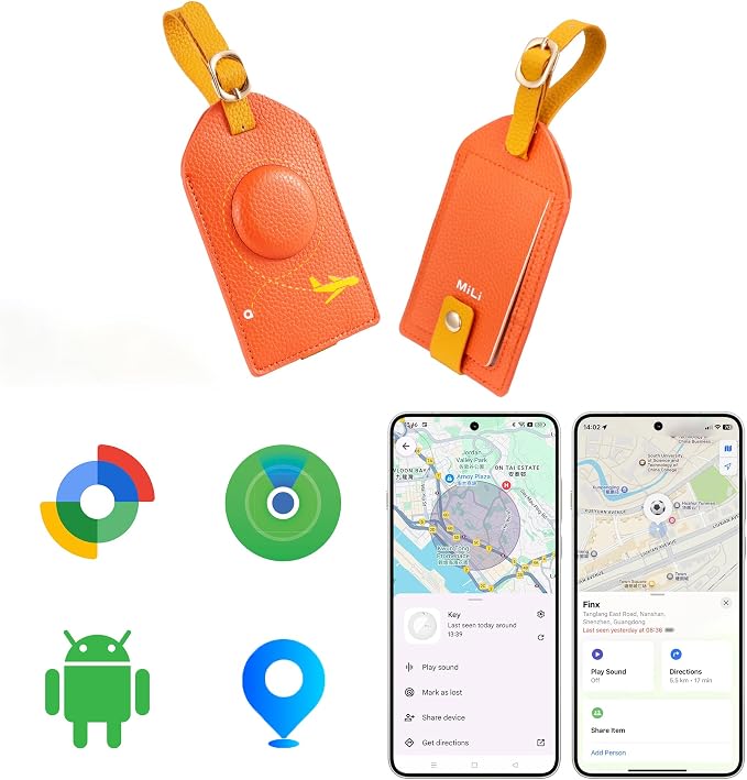 MiLi Smart Bluetooth Luggage Tracker Tag for iOS & Android | Works with Apple Find My & Google Find Hub, Anti-Lost Leather Travel Locator for Suitcase, Backpack & Gear, Orange by MiLi