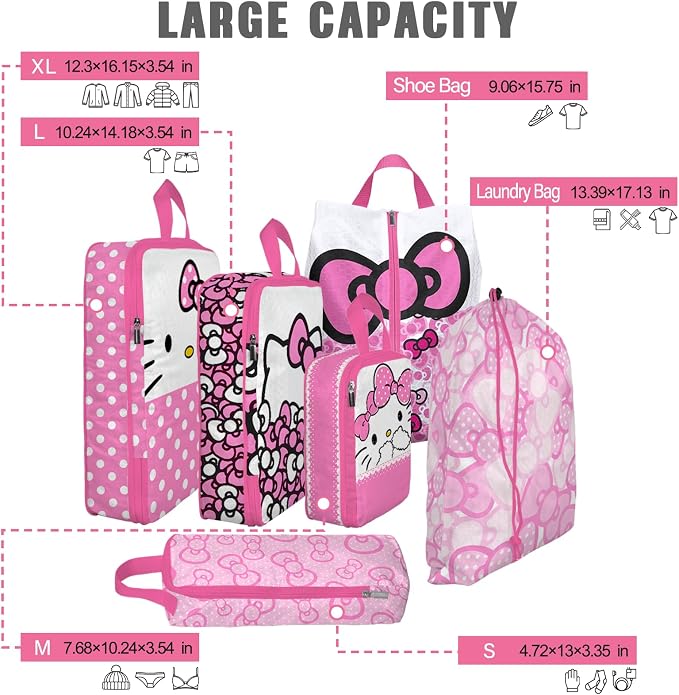 6 Set Kids Packing Cubes for Travel Carry On, Space Saving Compression Bags for Packing In Suitcase, Cute Pink Packing Organizers for Luggage Storage Girls Gift Trip and Family Vacation - Image 2