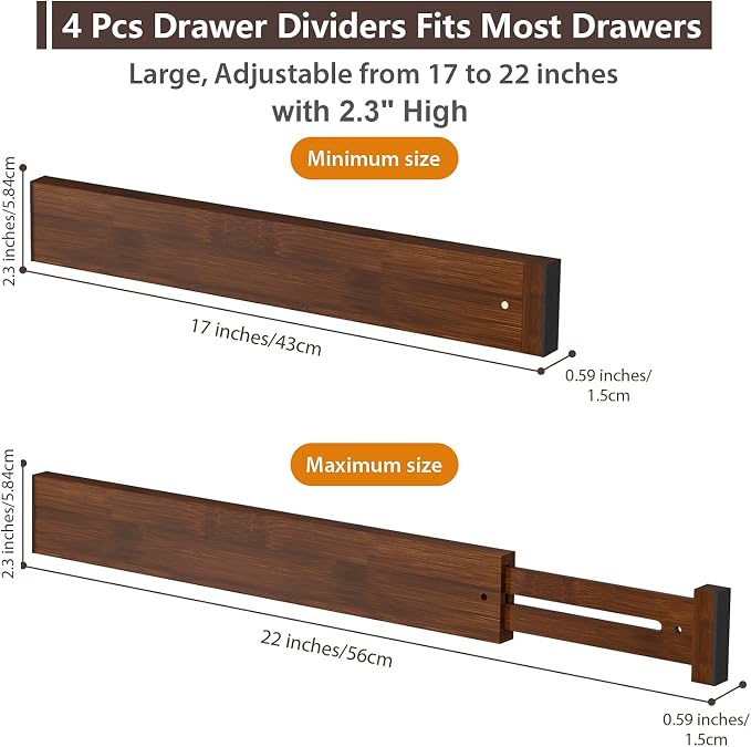 4 PCS Drawer Divider, 17"-22" Adjustable Bamboo Drawer Dividers Organizers, 2.3" High Expandable Separators for Kitchen, Clothes, Dressers, Home, Office, Mocha - Image 2