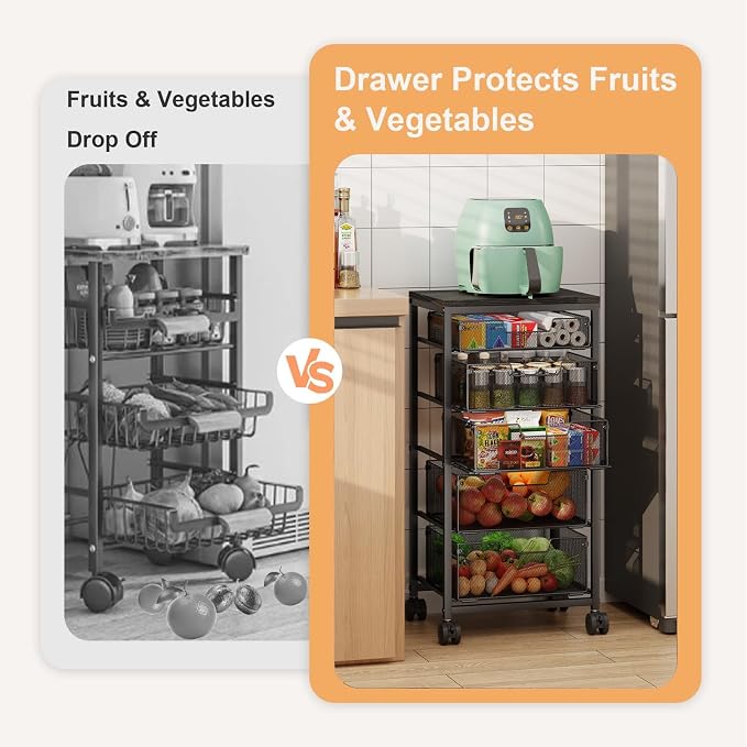 Kitchen Storage Cart with Drawer, 5-Tier Fruit Vegetable Storage Cart, Kitchen Organizer and Storage Cart with Wheels, Wooden Top Metal Wire Pantry Storage Cart rack for Fruit Snack Onion Potato - Image 6