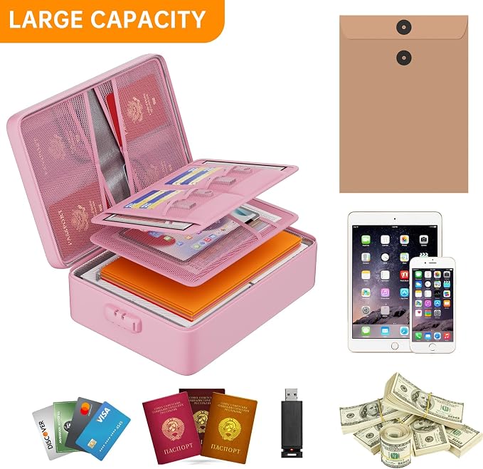 DocSafe 5200°F Fireproof Document Organizer Box with Lock, Pink (Soft) | Heat Insulated 8 Layers File Protection Bag,Water-Resistant Zipper,Portable Home Office Travel Safe Storage for Files,Laptop - Image 7