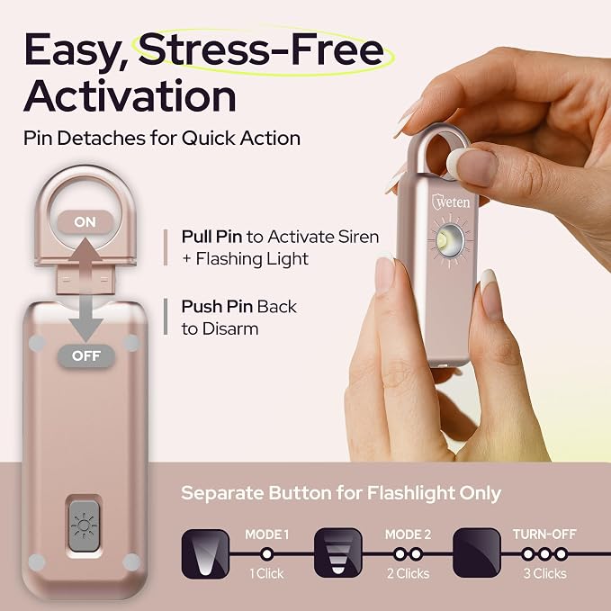 Personal Safety Alarm Keychain for Women, 130dB, LED Light, Metallic Rose | USB-C Rechargeable, Bottom Speaker Siren, Wristlet and Carabiner Clip, Weatherproof, Low Battery Alert - Image 3