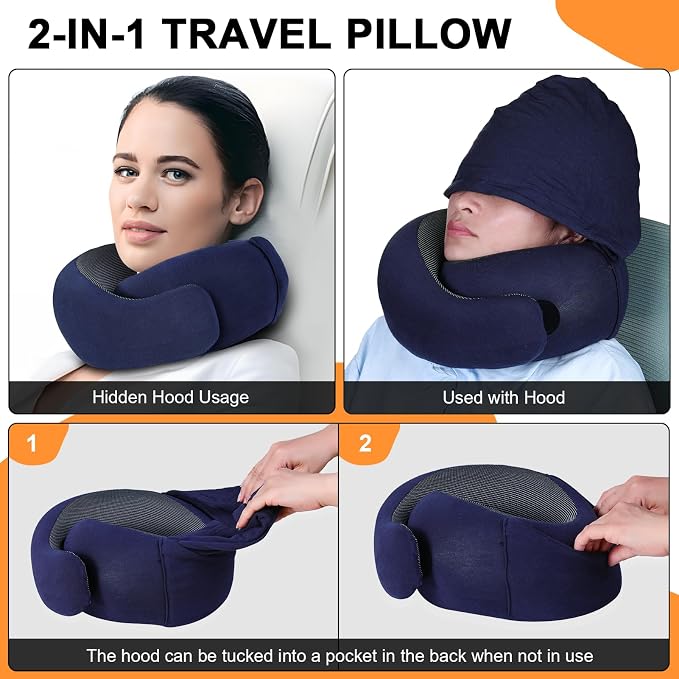 Travel Pillow and Blanket Set for Airplane, Hooded Memory Foam Neck Pillow | Soft blanket, privacy hood, earplugs, carry bag and memory foam neck support for airplane travel, long flights and road trips - Image 5