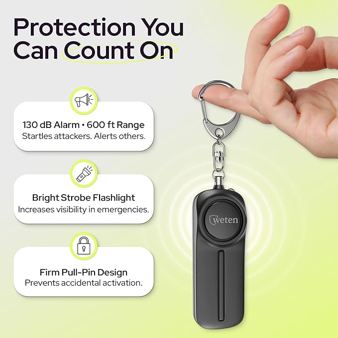 Personal Safety Alarm Keychain for Women, 130dB Siren, 2 Pack Black | LED Light, Panic Pin, Self-Defense Device, Emergency Whistle Alternative for College, Travel, and Night Walk Protection - Image 2