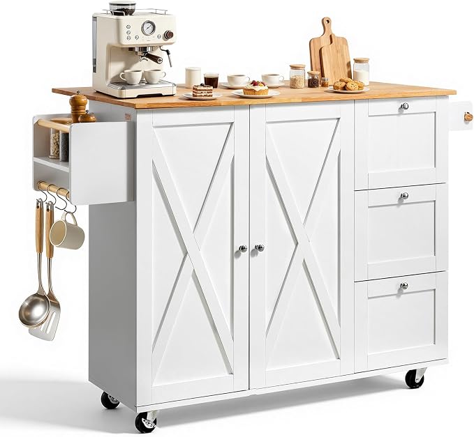 VEVOR Kitchen Island Cart, 45.3x39 inch Rolling Kitchen Table, Mobile Carts with Storage Cabinet and Solid Wood Top, Portable Islands with Wheels, Spice Rack, Towel Rack, Drop Leaf and Drawer, White by VEVOR