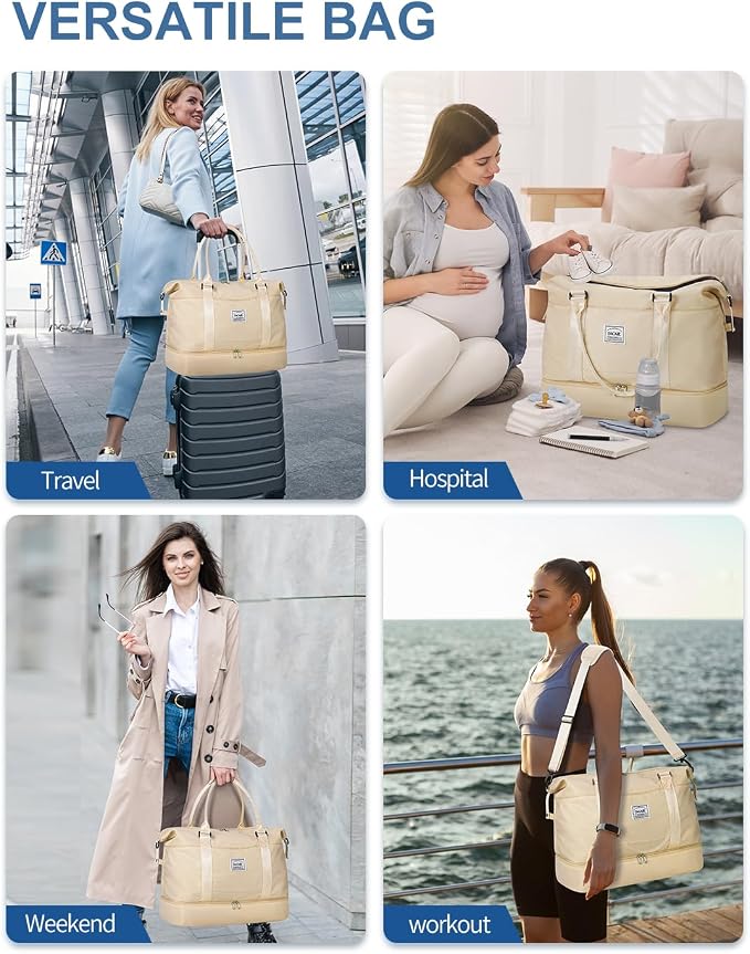 BAGAIL Travel Duffel Bag - Weekender & Overnight Gym Carry On Tote with Wet Pocket - Hospital Mom Bag for Labor and Delivery - Extra Large, Beige - Image 7