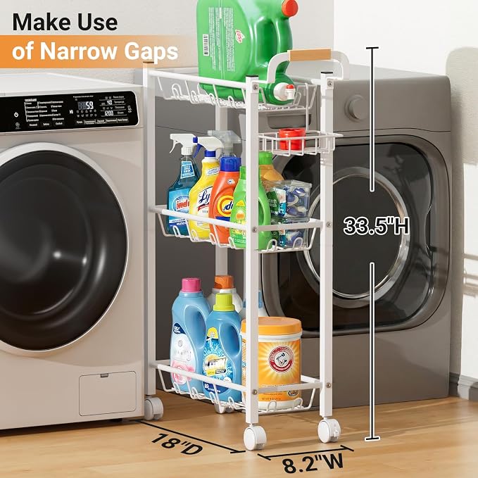 AOODA Laundry Room Cart with Top Detergent Holder, Metal Rolling Storage Cart Between Washer and Dryer, 3 Tier Narrow Laundry Room Organization and Storage with Wheels (White) - Image 2