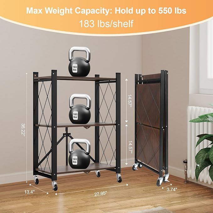 3 Tier Vintage Multifunctional Folding Shelf with Wheels | Portable Heavy Duty Storage Shelving, No-Assembly Metal Collapsible Rack Unit for Kitchen, Office, Bedroom, Rustic Brown - Image 3