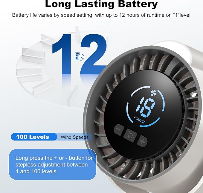 Clip On Rechargeable Fan with LED Light 100 Speed (Need Long Press), 720° Adjustment, Small Protable Desk Fan Quiet Clamp Base 12H Battery, 7 Blades for Dorm Bedroom Travel Camping - Image 4