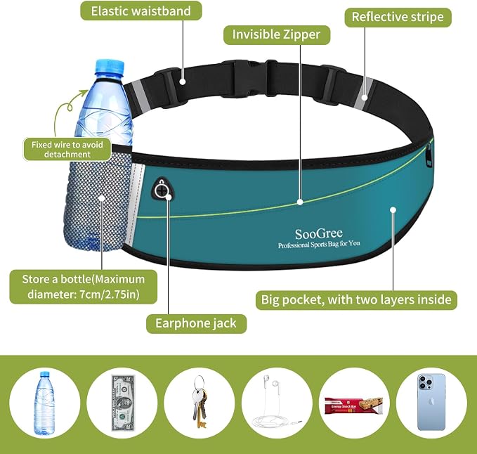 SooGree Slim Running Belt Fanny Packs for Women Men,Water Bottle Holder Hydration Fanny Pouch,Waterproof Sport Waist Pack with Reflective Strip,Runner Belt Bag for Running Cycling Camping Gym (Blue) - Image 5