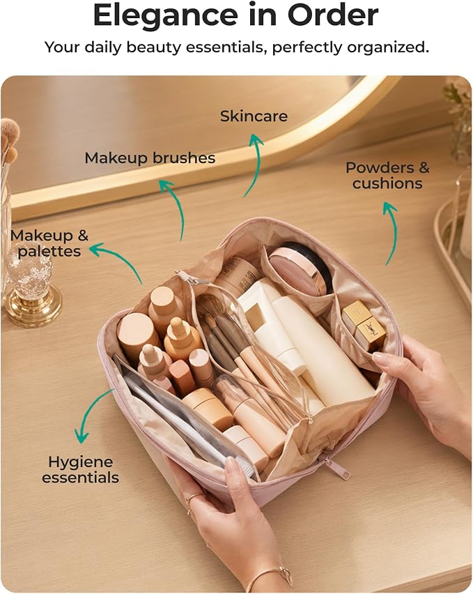 BAGSMART Spacious Travel Makeup Bag, Water-Resistant Toiletry Organizer | Holds more than expected opens flat to see all makeup roomy lightweight water-resistant dual zippers for travel daily use - Image 4