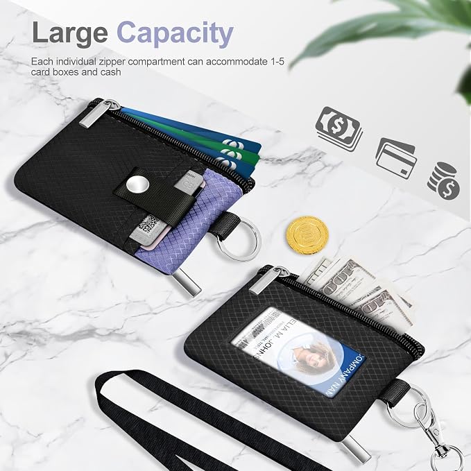 Minimalist RFID Blocking Small Wallet with ID Window,WaterResistant Zip Id Case Wallet with Lanyard Keychain for Cards,Cash,Travel,Women,Men (Black/Lavender Purple) - Image 7