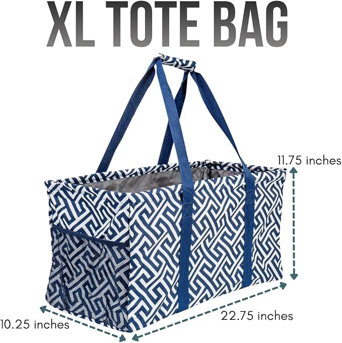Extra Large Utility Tote Bag - Oversized Collapsible Reusable Wire Frame Rectangular Canvas Basket With Two Exterior Pockets For Beach, Pool, Laundry, Car Trunk, Storage - Geo Navy Blue - Image 4