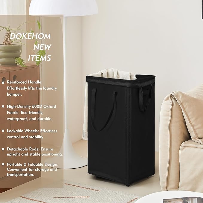 DOKEHOM 90L X-Large Rolling Laundry Basket Hamper on Wheels, Black | Collapsible clothes hamper with removable mesh wash bag. High-capacity foldable washing bin organizer - Image 2