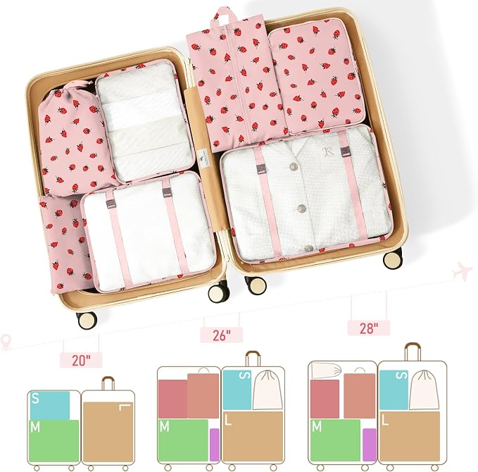 Packing Cubes for Travel - 8 Set Luggage Organizer Bags for Family, Mesh Breathable Packing Cubes for Suitcases Durable Travel Essentials Bags Set (Pink Strawberry) - Image 3
