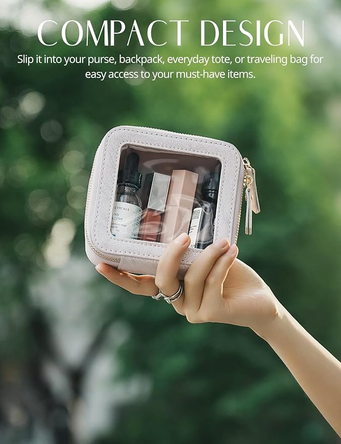 Clear Makeup Bag Travel Cosmetic Case Transparent Toiletry Bag with Zipper, Portable Make Up Organizer Traveling Compact Car Bag for Essentials, Light Pink, Mini - Image 3