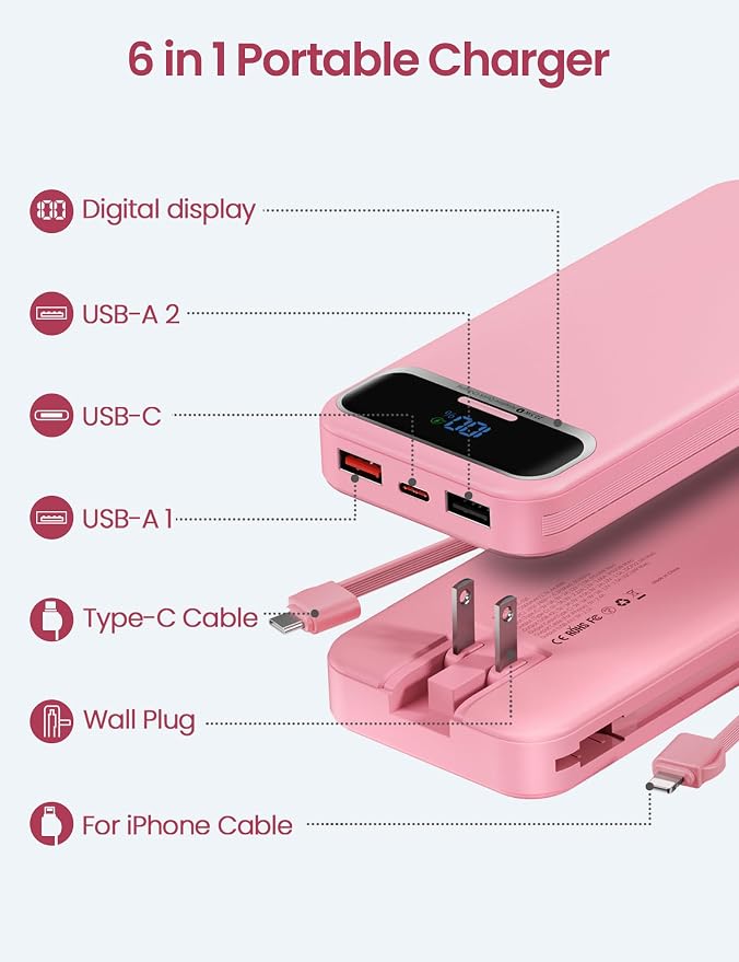 aonidi Portable Charger 12000mAh with Built-in Cables&AC Wall Plug, Pink | PD20W USB C Fast Charging,LED Display External Travel Power Bank,TSA approved Battery Pack for All iPhone,Samsung,Android - Image 2
