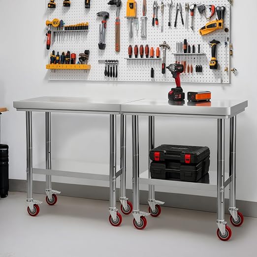 VEVOR Stainless Steel Table, 24 x 30 Inches Food Prep Worktable with Wheels, Kitchen Prep Table with Adjustable Undershelf Workstations for Commercial Kitchen, Restaurant, Hotel and Garage, Outdoor - Image 2