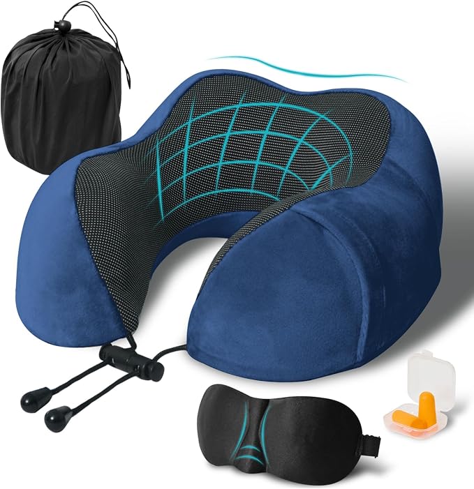 Travel Pillow, Memory Foam Neck Pillow for Traveling, U Shape Neck Pillow Airplane Portable Flight Pillow Travel Kit with 5D Contoured Eye Masks and Earplug for Plane Train Car Home Office - Blue by Unknown