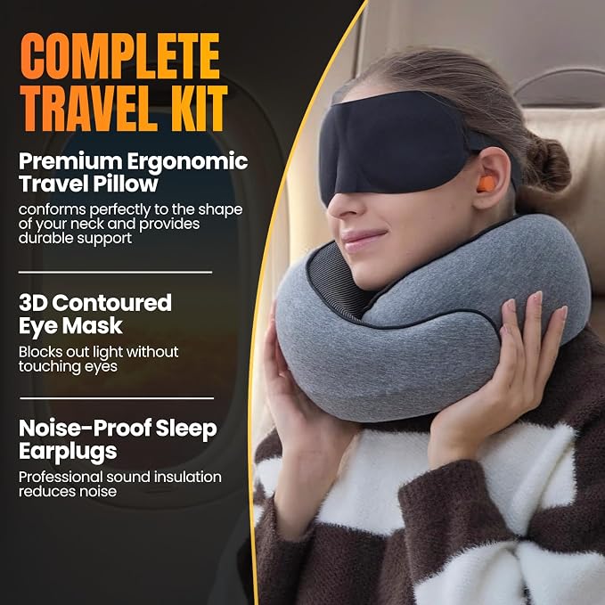 LOEXAIR™ Travel Pillow, Neck Pillow Travel for Airplane, Car - 100% Cotton Fabric & Memory Foam Plane Pillow, Lightweight & Easy-to-Carry on Flight, Full Travel Set (Eye Mask, Earplugs) - Light Grey - Image 4