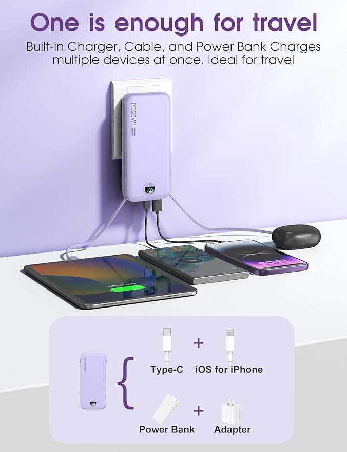 citicr Portable Charger 10000mAh PD20W w/Built-in Cables & Wall Plug Purple | Fast charging, Built-in wall plug, LED display, Charge 5 devices at once, Pass through charging, TSA approved, Pocket size - Image 4
