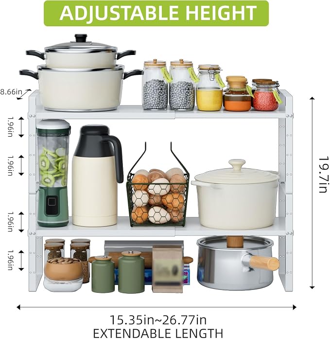 Expandable Cabinet Shelf Organizer Rack, Stackable Kitchen Counter Storage Shelves Stand, Adjustable Height Pantry Shelf Spice Rack (White-2 Pack, 8.7" D x 15.4-26.8" W x 9.8" H) - Image 2