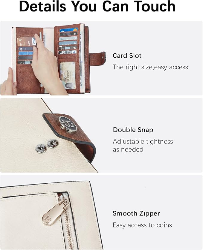 BOSTANTEN Womens Leather Wallet RFID Large Capacity Credit Card Holder | 20 Card Slots, Phone Holder, Zipper Coin Pocket, Clutch Wallet, Long Bifold, Ladies Gifts, Apricot - Image 4