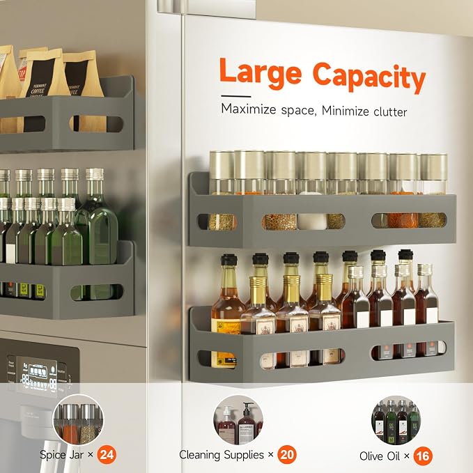 4-Pack Magnetic Spice Rack for Refrigerator with Hooks, Grey | Strong multipurpose magnetic shelf for kitchen & bathroom organization. Includes 4 removable hooks for hanging items. - Image 4