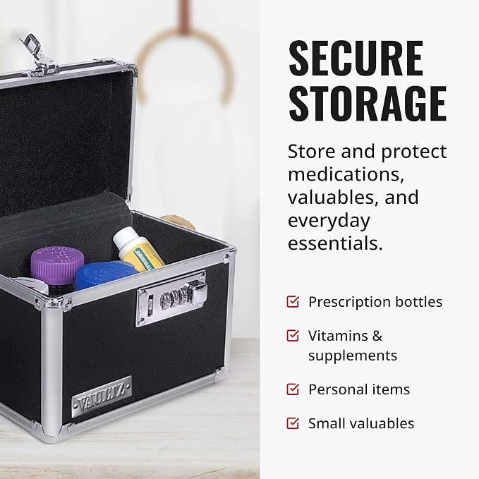 Vaultz Locking Security Box, Combination Safe for Valuables & Cash, Black | Small safe measuring 9.88 x 7 x 7.75 in, sturdy steel lockbox with reinforced corners, 3-digit combination, no keys needed - Image 4