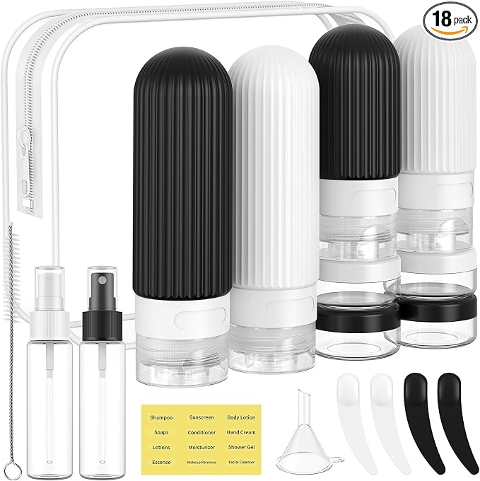 ME.FAN Travel Bottles for Toiletries,18 Pack Silicone Portable Size Bottle, TSA Approved Refillable Cosmetic Container Kits for Conditioner, Shampoo, Lotion,Face Cream - Black/White by MEFAN