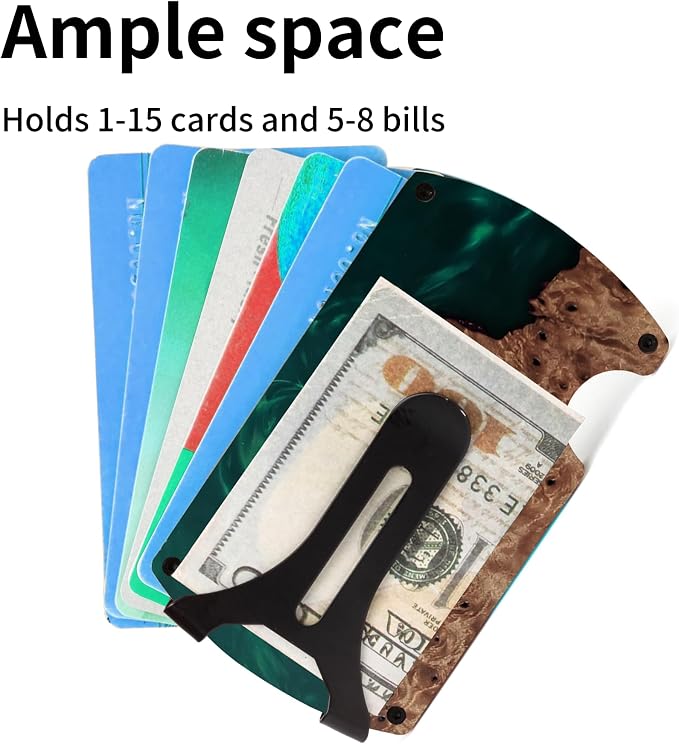 Minimalist Wallet for Men, Slim Metal RFID Blocking Wallet Credit Card Holder Money Clip & Cash Strap, Scratch-Resistant Holds 15 Cards,Ideal Gift for Men | Resin Wood, Unique Pattern,Green - Image 3