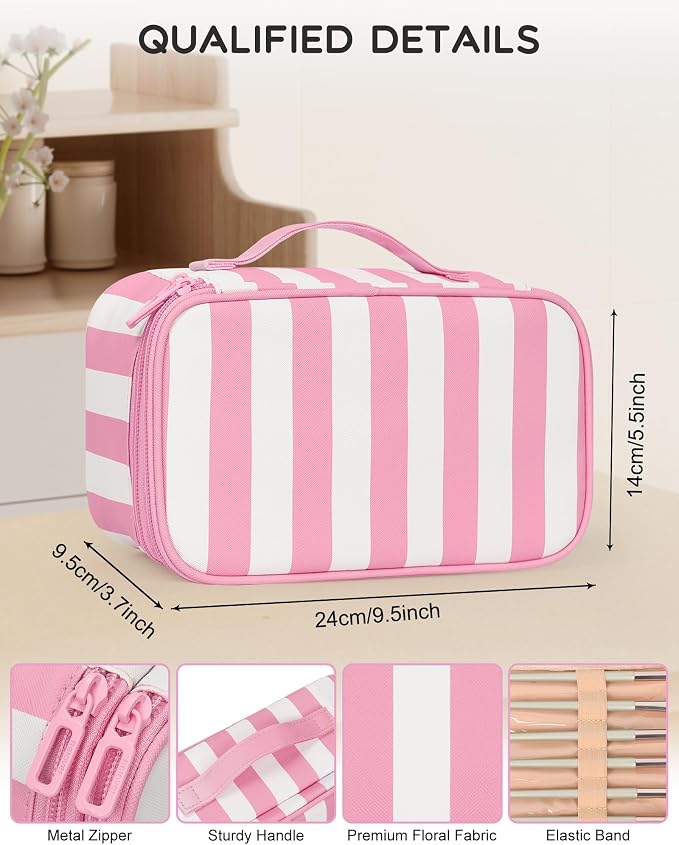 Relavel Travel Makeup Bag, Small Cosmetic Bag with Brush Compartment | Portable Makeup Pouch for Women, Double Layer Makeup Organizer Bag Cute Toiletry Bag, Wide Strip - Image 2