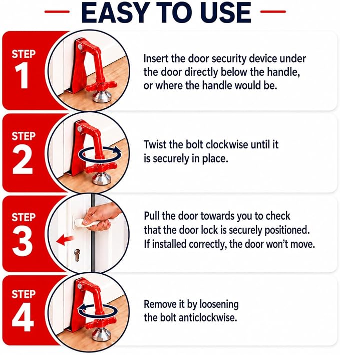 Portable Door Stopper Door Lock for Travel Anti Theft Door Blocker, Security Door Stoppers for Bottom of Door, No Drill Safety Doors Stopper Hotel Door Locks for Travelers Security (Red) - Image 6