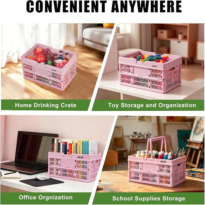 20L Pink Foldable Plastic Storage Crate Collapsible Shopping Basket | plastic baskets with handles for organizing,14.96" x9.84"x 7.87" basket for Trunk Milk Dairy Kitchen,Bathroom,school,office - Image 6