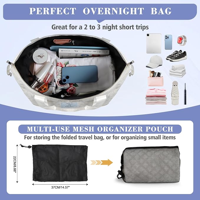 Geestock Travel Duffle Bag - Weekender Overnight Bags for Women, White | Travel Bag with Expandable Shoe Compartment & Trolley Sleeve, Lightweight Carry On Bag with Drawstring Storage Pouch for Trip - Image 4