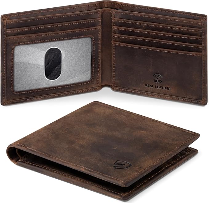 RUNBOX Wallet for Men|Slim Bifold Rfid Blocking Leather Wallet|Front Pocket | Genuine Leather,Handmade,8 Card Slots,ID Window,Money Pocket,Coin Pocket, Gift for Men,Minimalist Compact by RUNBOX