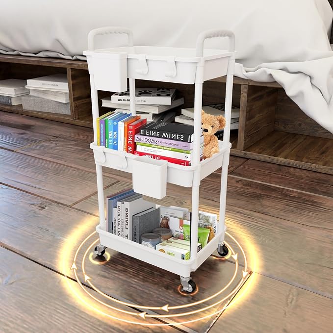 3 Tier Rolling Utility Cart with Handle,REBECAT Utility Cart Made of Multifunctional Storage Organizer Tool for Kitchen,Bathroom,Living Room,Office(White) - Image 3