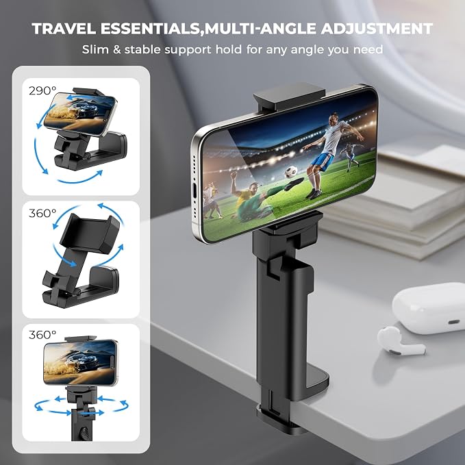 Airplane Phone Holder, Dual 360° Rotation Plane Phone Holder Travel Essentials for Long Flight, Desk, Tray, Compact Cell Phone Mount w/ Durable Automatic Spring Clamp, Phone Gadget for Long Trip, Gym - Image 5