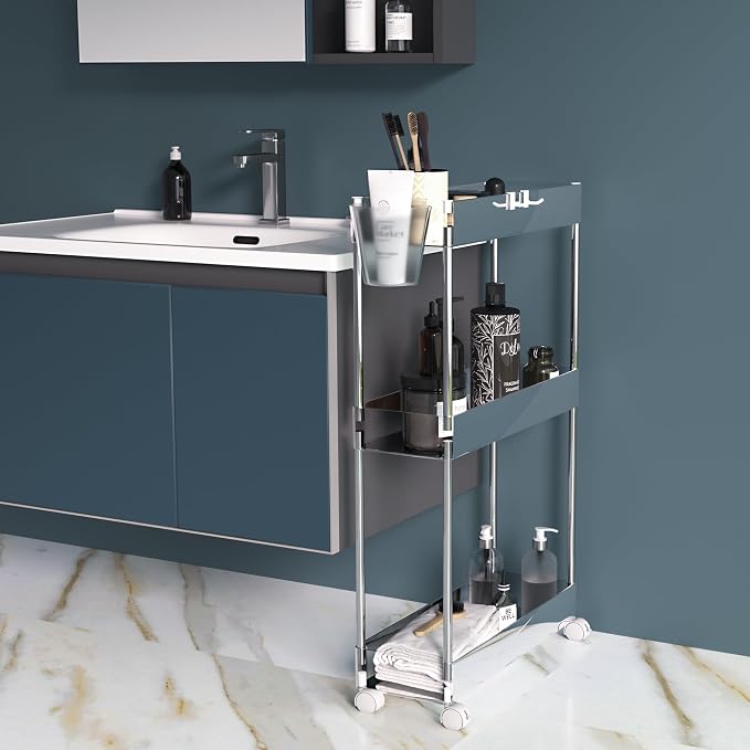 VECELO 3-Tier Acrylic Rolling Cart, Utility Cart for Kitchen Storage, Mobile Shelves Slide-Out Organizers with 2 Lockable Wheels&Hooks for Bathroom Laundry Room Living Room Office, Clear - Image 8
