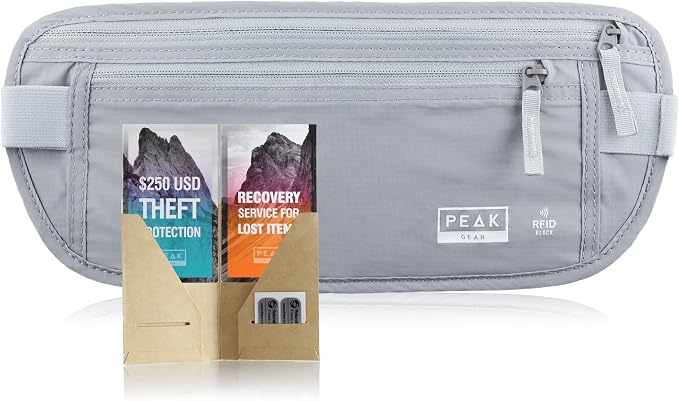 Peak Gear Travel Money Belt. Premium Quality Travel Wallet with RFID Blocking Fabric to Protect Credit Cards, Passports and Documents. Exclusive Theft Protection and 2 Recovery Tags | Gray by Peak+Gear