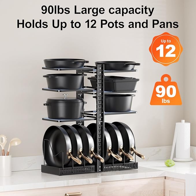 LAMU Pots and Pans Organizer under Cabinet, Adjustable Height Up to 24'', 6 Tier Pot Organizer Rack with 6 Horizontal Dividers, Adjustable Pot and Pan Organizer for Kitchen Storage, Black - Image 5
