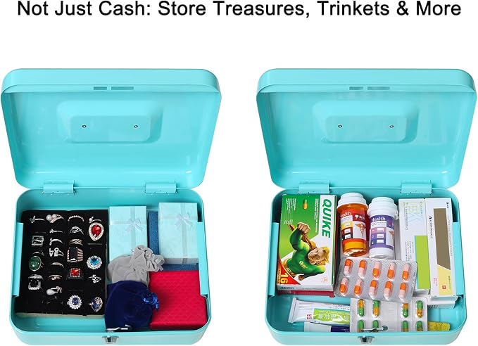 Jssmst Cash Box with Money Tray and Lock - Light Blue Money Saving Box for Cash Coins, Small Lock Box for Medication Personal Items, 9.84'' x 7.87'' x 3.46'', Light Blue - Image 5