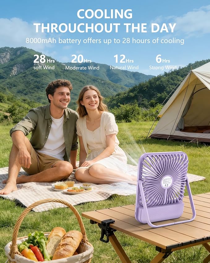 8000mAh Ultra-Thin Portable Travel Fan with Timer, Light&LED Display | 7in,28H Max Cooling Time,<42dB quiet for sleeping,cruise approved,4 Speeds Wind,Rechargeable Battery Fan for hotel office - Image 6
