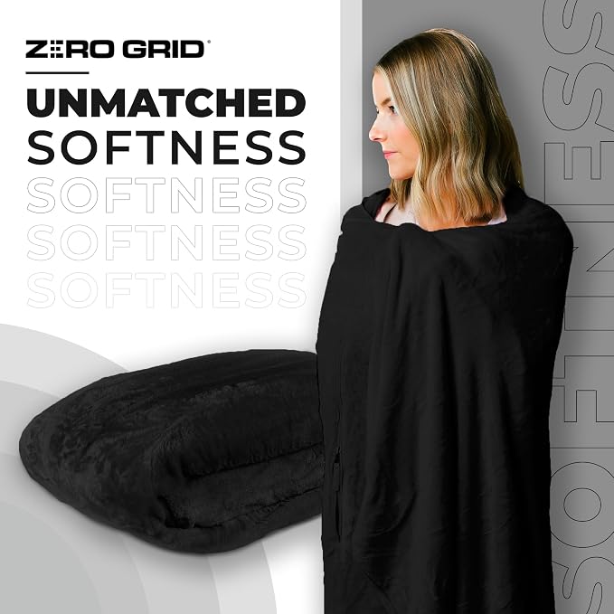 Zero Grid Lightweight Airplane & Travel Blanket with Foot Pockets, Black | Compact Wearable Blanket with Neck Snaps, Zips & Converts to Soft Pillow for Ultimate Comfort - Image 2
